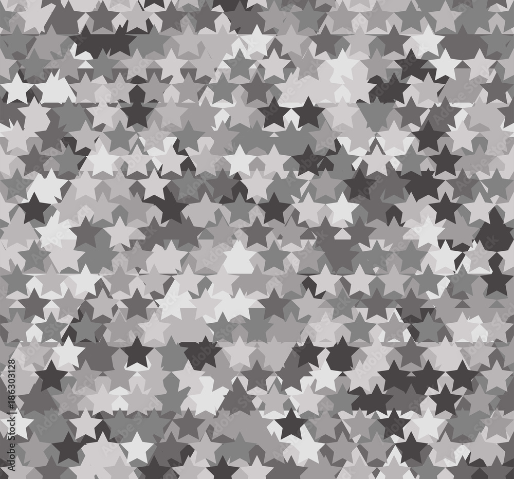 Seamless gray abstract pattern. Print of white, grey, black stars on background of triangles and polygons. Seamless gray abstract pattern. Print of white, grey, black stars on background of triangles and polygons.