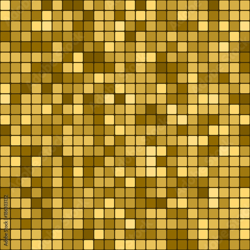 Seamless golden abstract pattern. Geometric print composed of golden squares on dark background. Imitation of gold mosaic.