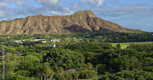 View from Waikiki of the famous Diamond Head State Monument in the island of Oahu, Hawaii, U.S.A. photo