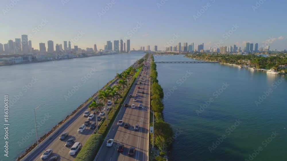 Macarthur Causeway Miami Beach drone aerial flyover 4k traffic cam