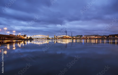 Evening Neva overlooking Bolsheokhtinsky Bridge. St. Petersburg. Russia