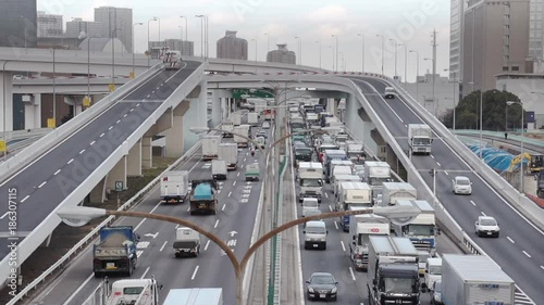 Traffic Jam on Metropolitan Expressway Bayshore Route in Tokyo Japan