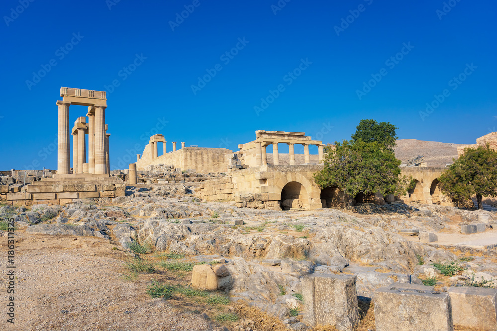 Stoa, portico and Propylaea on Acropolis of Lindos (Rhodes, Greece)