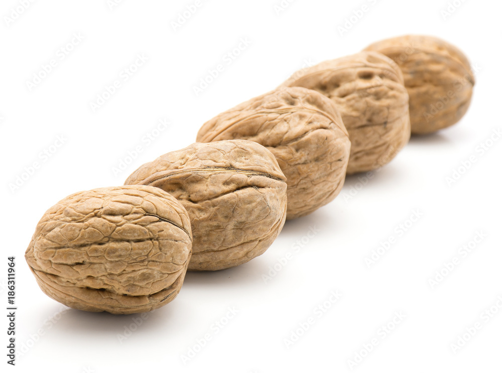 Unshelled walnuts isolated on white background five whole in row. Unshelled walnuts isolated on white background five whole in row.