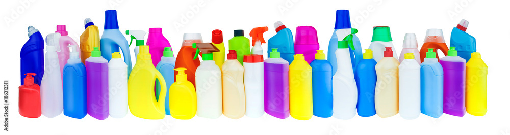 multicolored bottles with household chemicals multicolored bottles with household chemicals
