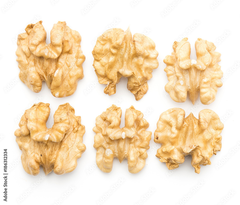 Shelled walnuts top view collection isolated on white background six. Shelled walnuts top view collection isolated on white background six.