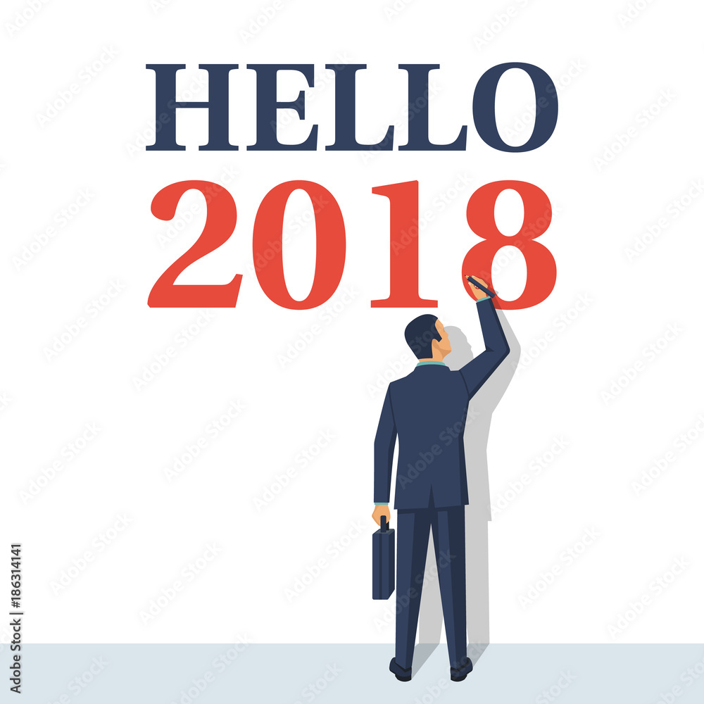 Hello 2018. Man draws on wall. Vector illustration flat design. Isolated on white background. Happy New Year 2018. Hello 2018. Man draws on wall. Vector illustration flat design. Isolated on white background. Happy New Year 2018.