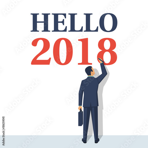 Hello 2018. Man draws on wall. Vector illustration flat design. Isolated on white background. Happy New Year 2018.