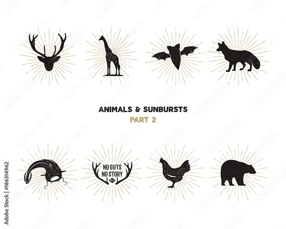 Set of wild animal figures and shapes with sunbursts isolated on white background. Black silhouettes giraffe, chicken, fox, deer, catfish and bat . Use as icons or in logo designs. pictograms Set of wild animal figures and shapes with sunbursts isolated on white background. Black silhouettes giraffe, chicken, fox, deer, catfish and bat . Use as icons or in logo designs. pictograms