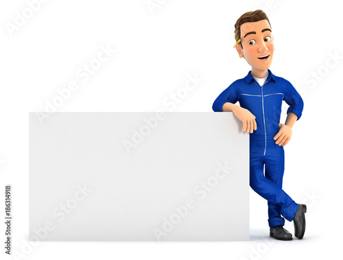 3d mechanic leaning against white wall