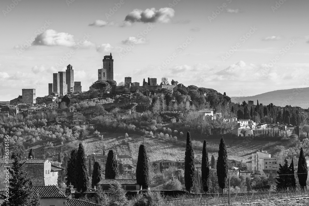 Black and white aerial view of San Gimignano and surroundings, Siena, Tuscany, Italy
