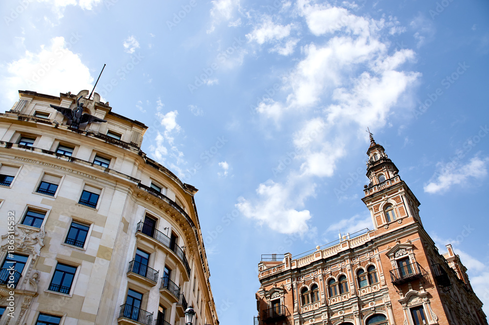 Historic buildings and monuments of Seville, Spain. Spanish architectural styles of Gothic and Mudejar, Baroque