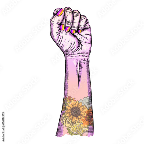 Raised Fist Protest Art Feminist Home Decor Pink Tattooed Hand Wall Decor Pink Raised Fist Illustration with Flower Tattoos and Leaves