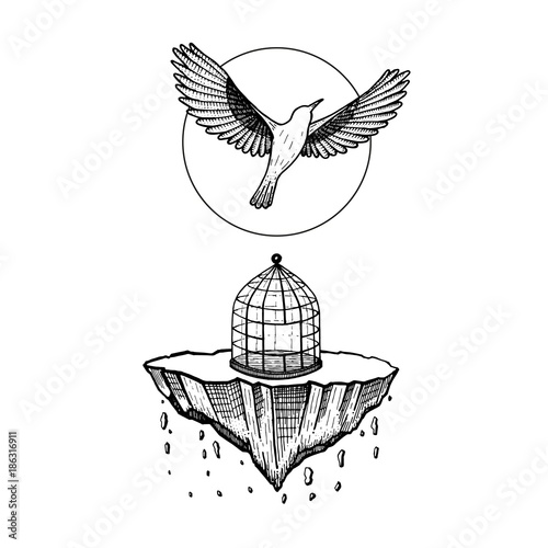 bird flying from cage. the world collapses. stone falling. bird fly to sky. illustration vector. hand drawing. tattoo design. symbol for freedom, life, peace, last time, never see.