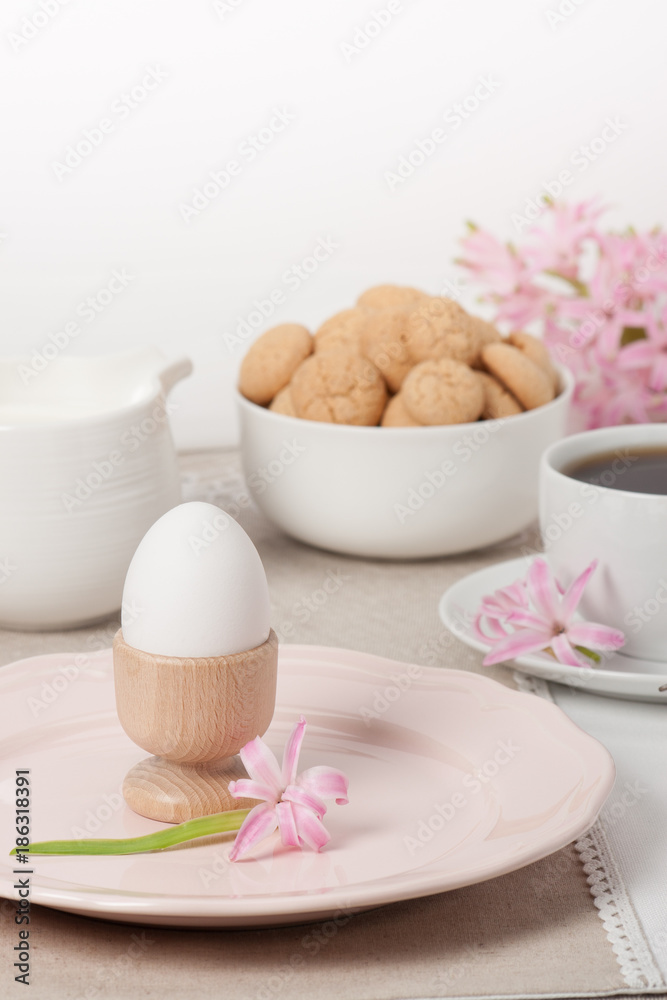Hyacinth Flowers. Amaretti Biscuits. Boiled Egg. Cup Of Tea Hyacinth Flowers. Amaretti Biscuits. Boiled Egg. Cup Of Tea