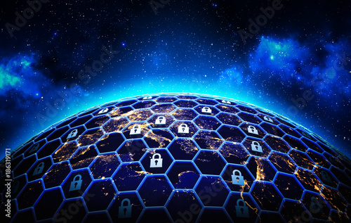 Global network security and data protection concept, a grid of cells with a lock symbol in some of them  around the Earth globe on deep blue space background
