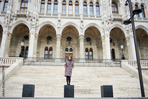Attractive tourist female stands on the background of the steps of the Palace of Parliament in Budapest, Hungary. Autumn