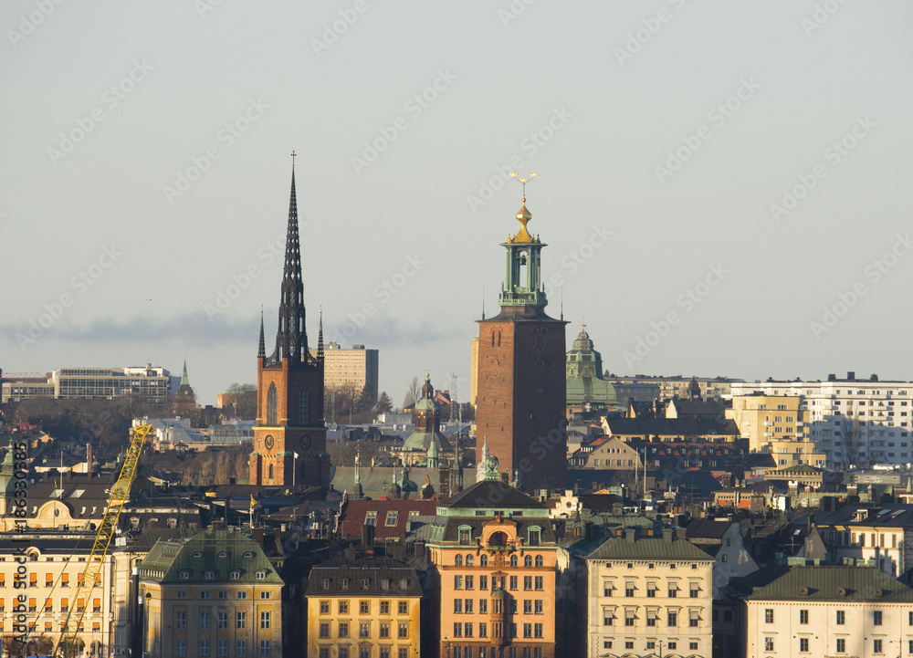 Old town and city hall tower in Stockholm, Sweden