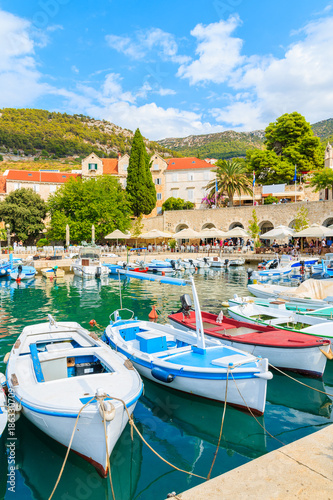 View of Bol port with fishing boats and colorful houses  Brac island  Croatia