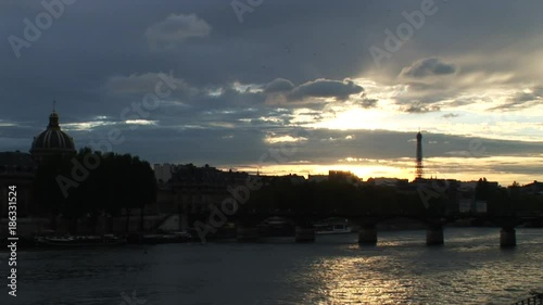 Sunset over Paris cityscape, wide