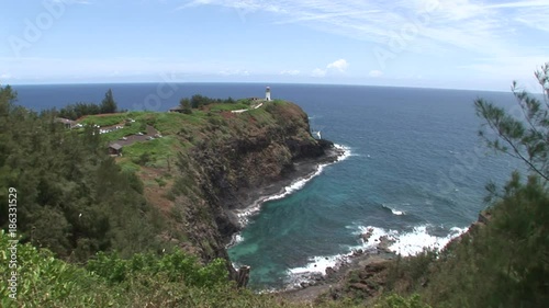 Lighthouse on Hawaii cliffs, wide