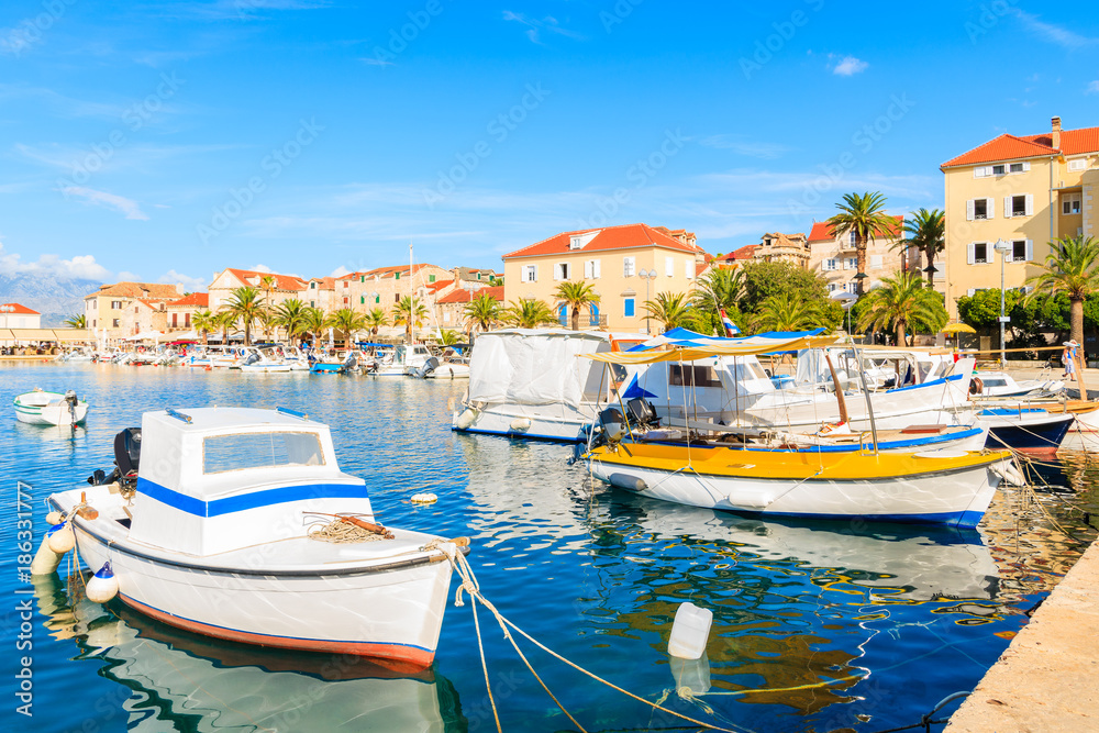 Colorful fishing boats in Supetar port, Brac island, Croatia