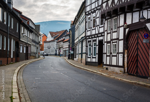 Winding road lined with sixteenth century buildings in the German town of Goslar.