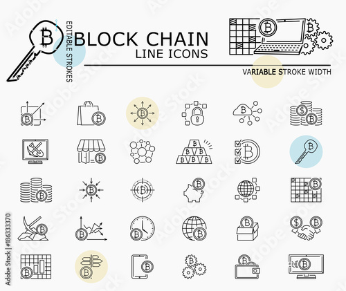 Block chain line icons with minimal nodes and editable stroke width and style