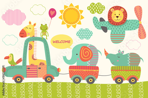 train with baby jungle animals  - vector illustration, eps

