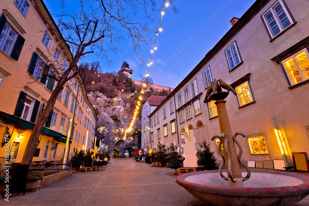 Graz city center christmas fair evening view