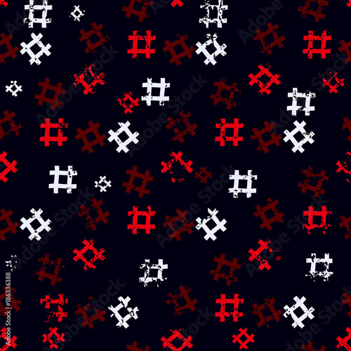 Red and white Hashtag seamless on black background. Hashtag random seamless pattern.