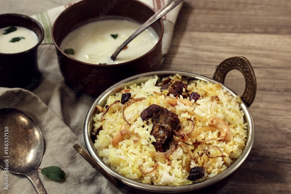 Homemade Beef Biryani served with Yogurt dip Homemade Beef Biryani served with Yogurt dip