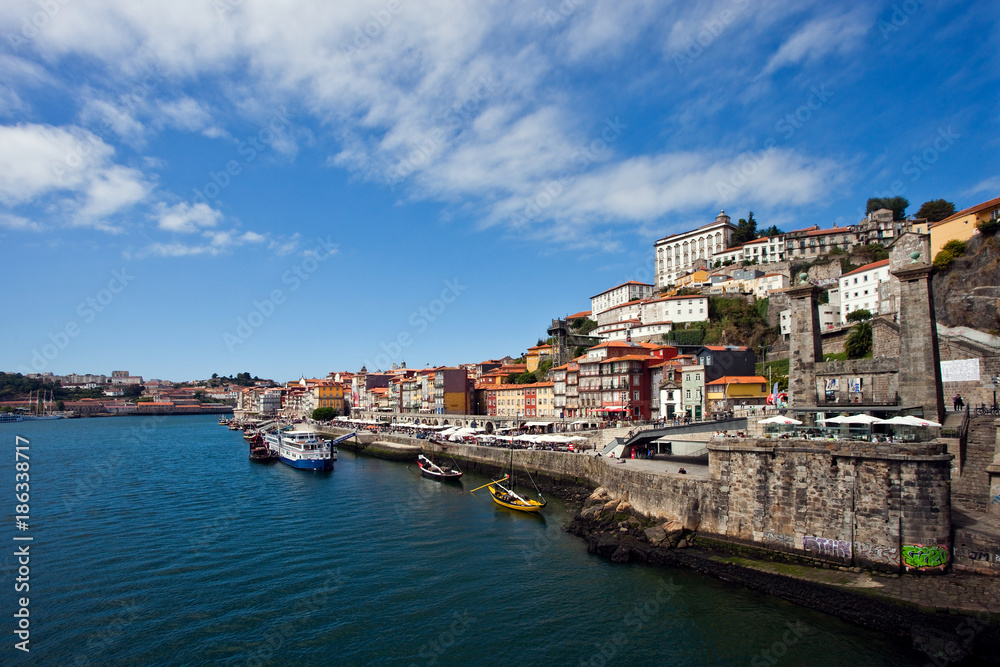 Panorama of the city of Porto in Portugal on the river bank on a clear summer day
