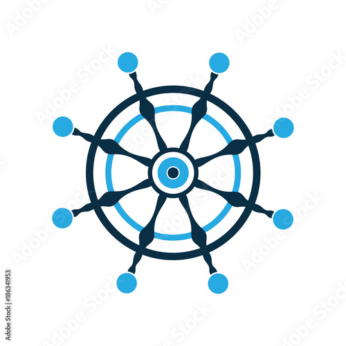 Steering wheel. Ship rudder. Nautical pictogram. Vector logo.
