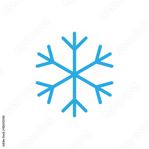 Snowflake icon. Blue silhouette snow flake sign, isolated on white background. Flat design. Symbol of winter, frozen, Christmas, New Year holiday. Graphic element decoration Vector illustration