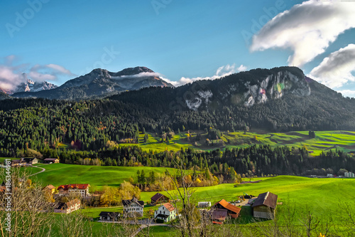 Ideal place for living and leisure in the beautiful green valley, swiss Alps. Little city near the high mountains.