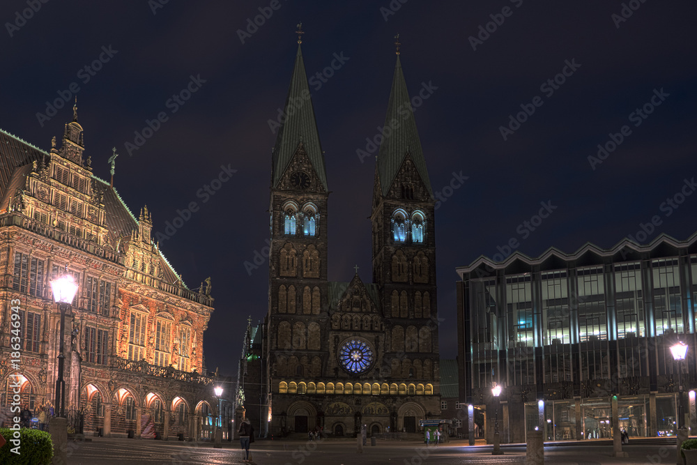 Historical Bremen market square, town hall, St. Petri dome and house of parliament at night