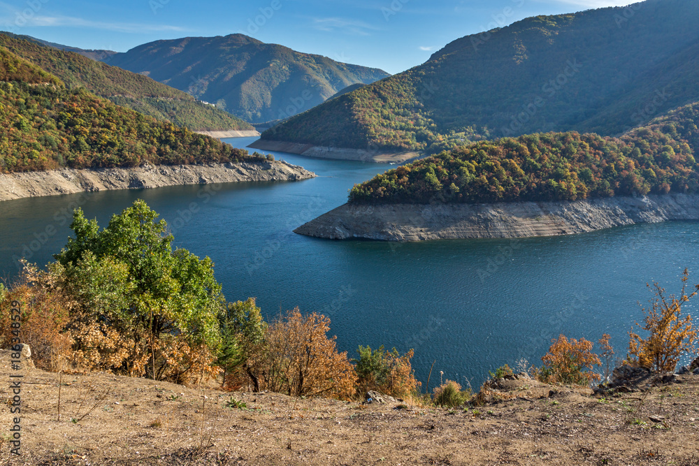 Amazing Autumn landscape of Meander of Vacha (Antonivanovtsy) Reservoir, Rhodopes Mountain, Bulgaria