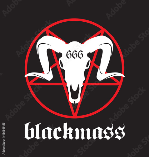 Black Mass vector design featuring pentagram and goat skull with 666 marking.