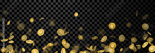 Banner with falling gold bitcoins.
