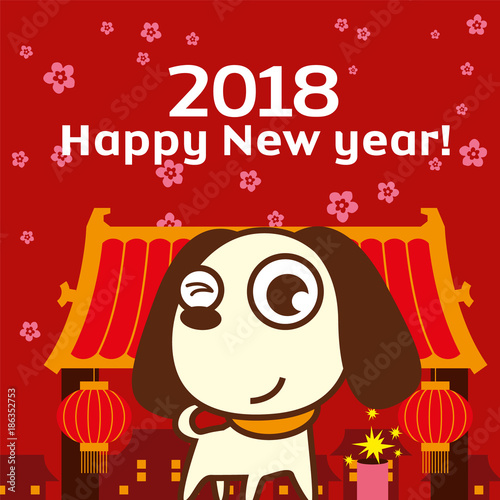 Chinese New Year 2018 Greeting Card Design with cute dog in Chinatown background, The year of Dog 2018.