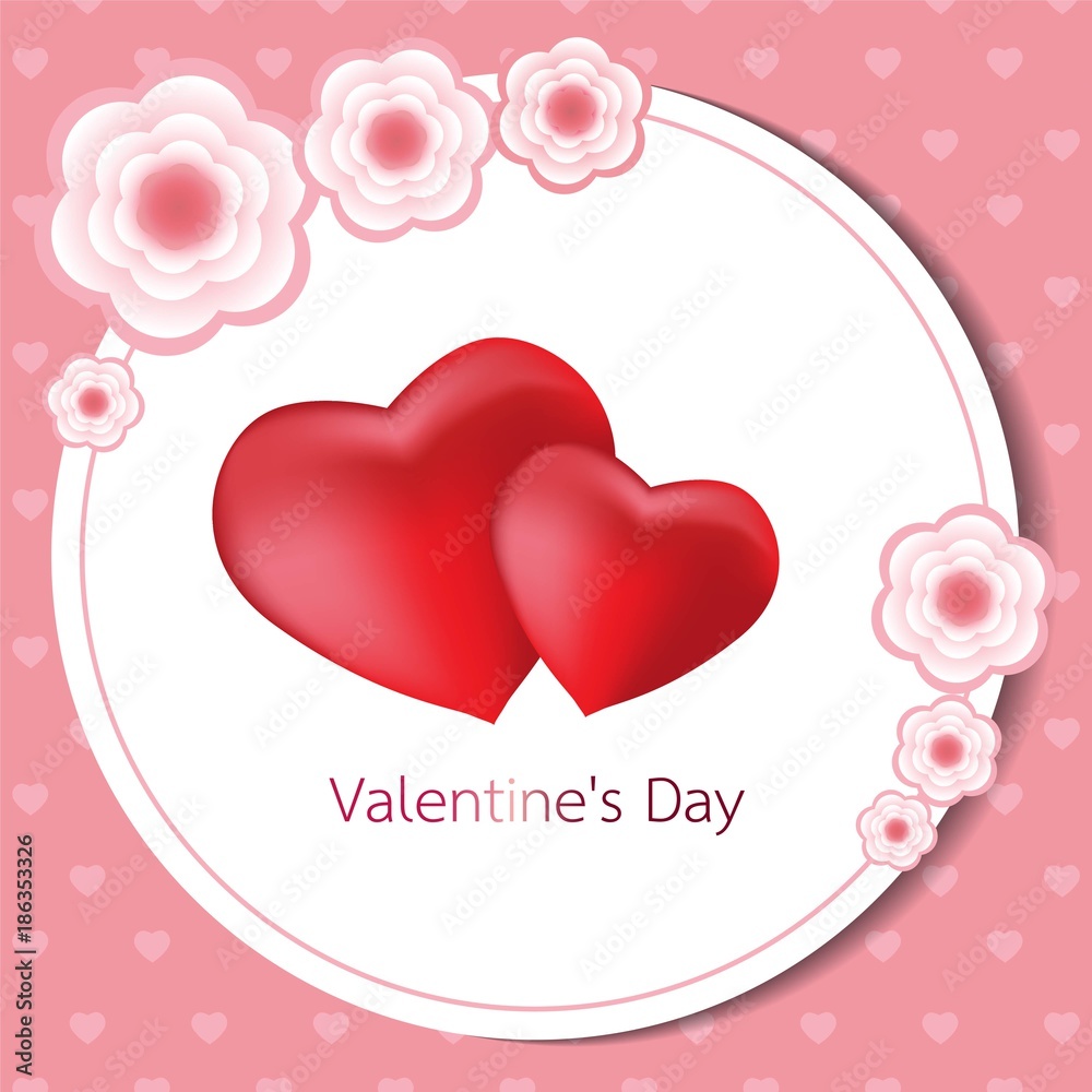 Happy Valentines Day card. Vector illustration background with two hearts, pink and rad color