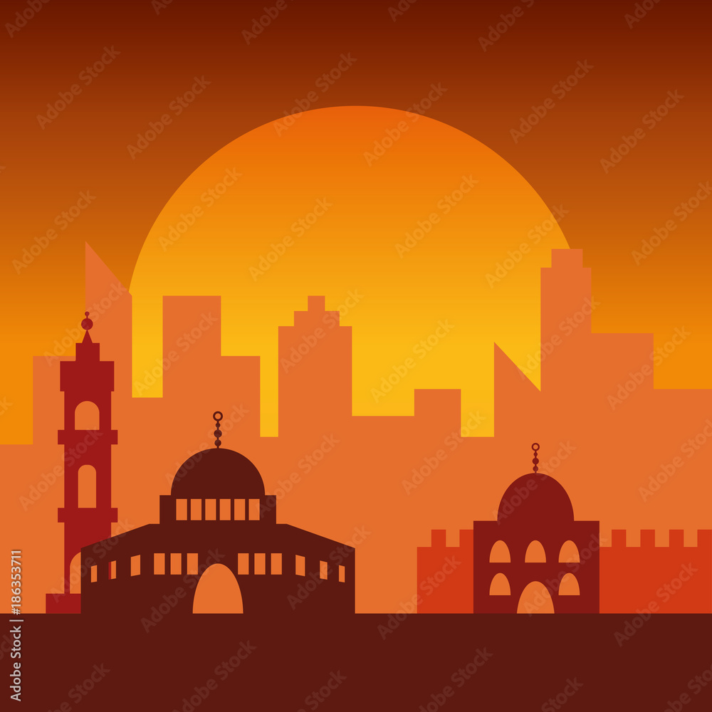 Sunset in Jerusalem. Jewish symbol city buildings