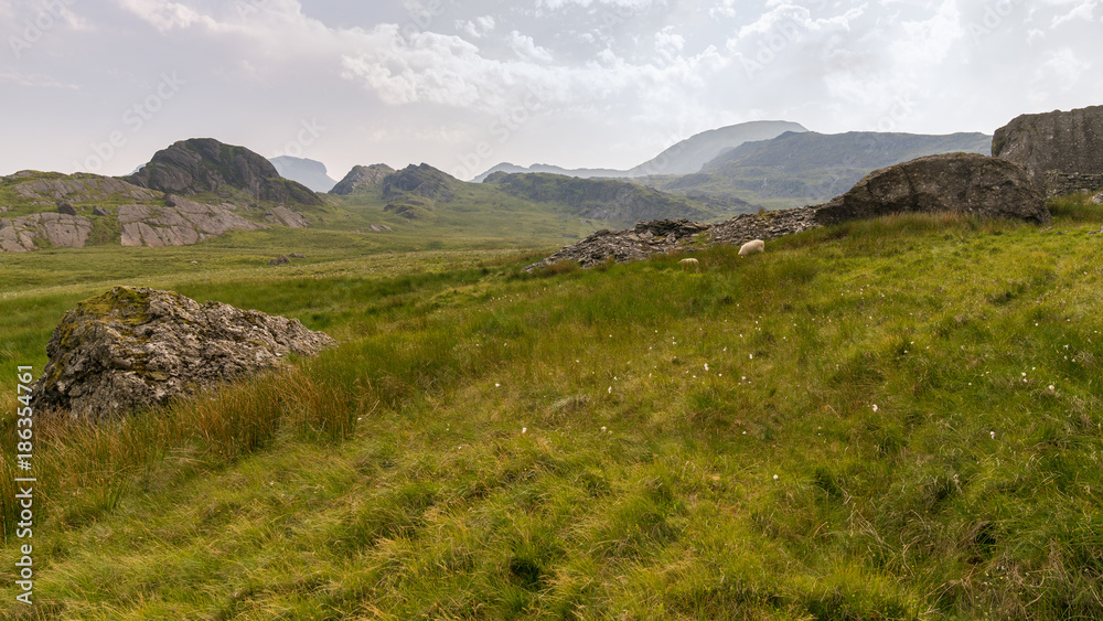 Snowdonia landscape near Blaenau Ffestiniog, the view from Moel yr Hydd, Gwynedd, Wales, UK Snowdonia landscape near Blaenau Ffestiniog, the view from Moel yr Hydd, Gwynedd, Wales, UK