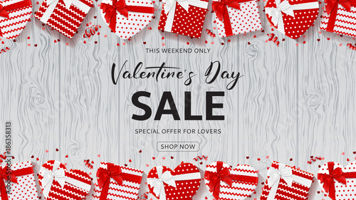 Promo Web Banner for Valentine's Day Sale. Top View on Composition with Gift Boxes, Confetti and Serpentine on Wooden Texture. Vector Illustration with Lettering. Seasonal Discount Offer.