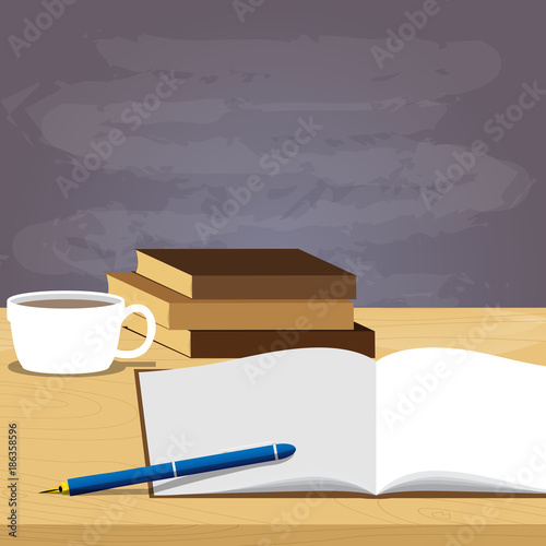 School books pen and coffee on desk, blackboard on the background, education concept. Vector cartoon style illustration.