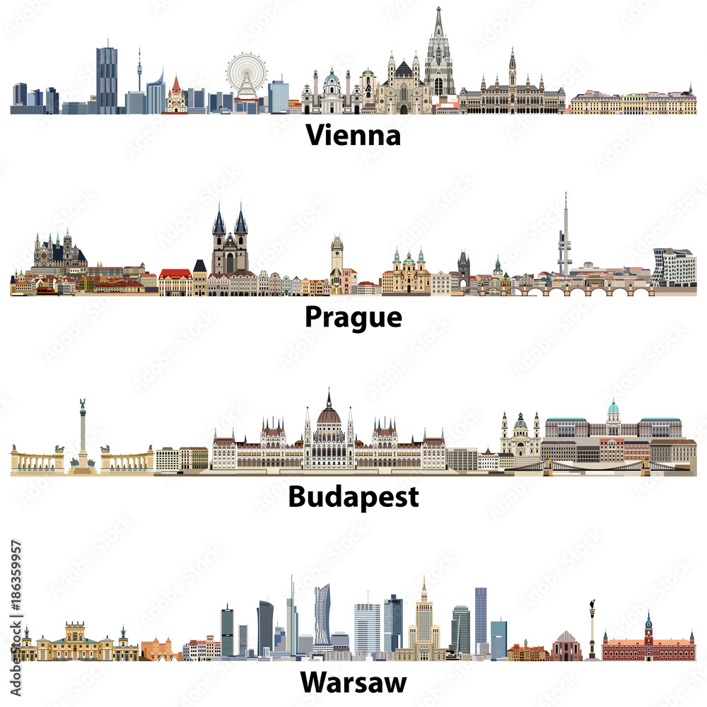 Naklejka premium Vienna, Prague, Budapest, Warsaw cities skylines vector set