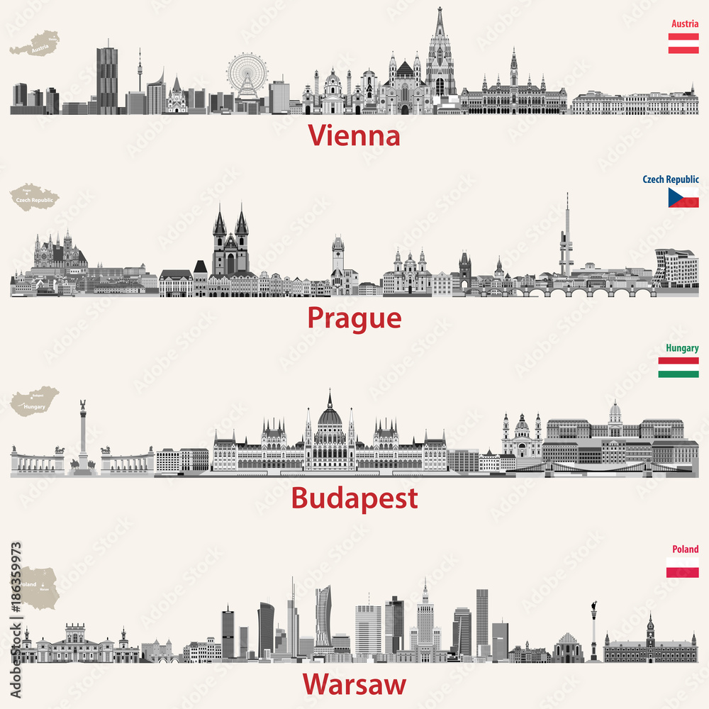 Naklejka premium wektorowe sylwetki miejskie Wiednia, Pragi, Budapesztu i Warszawy. Mapy i flagi Austrii, Czech, Budapesztu i Polski.