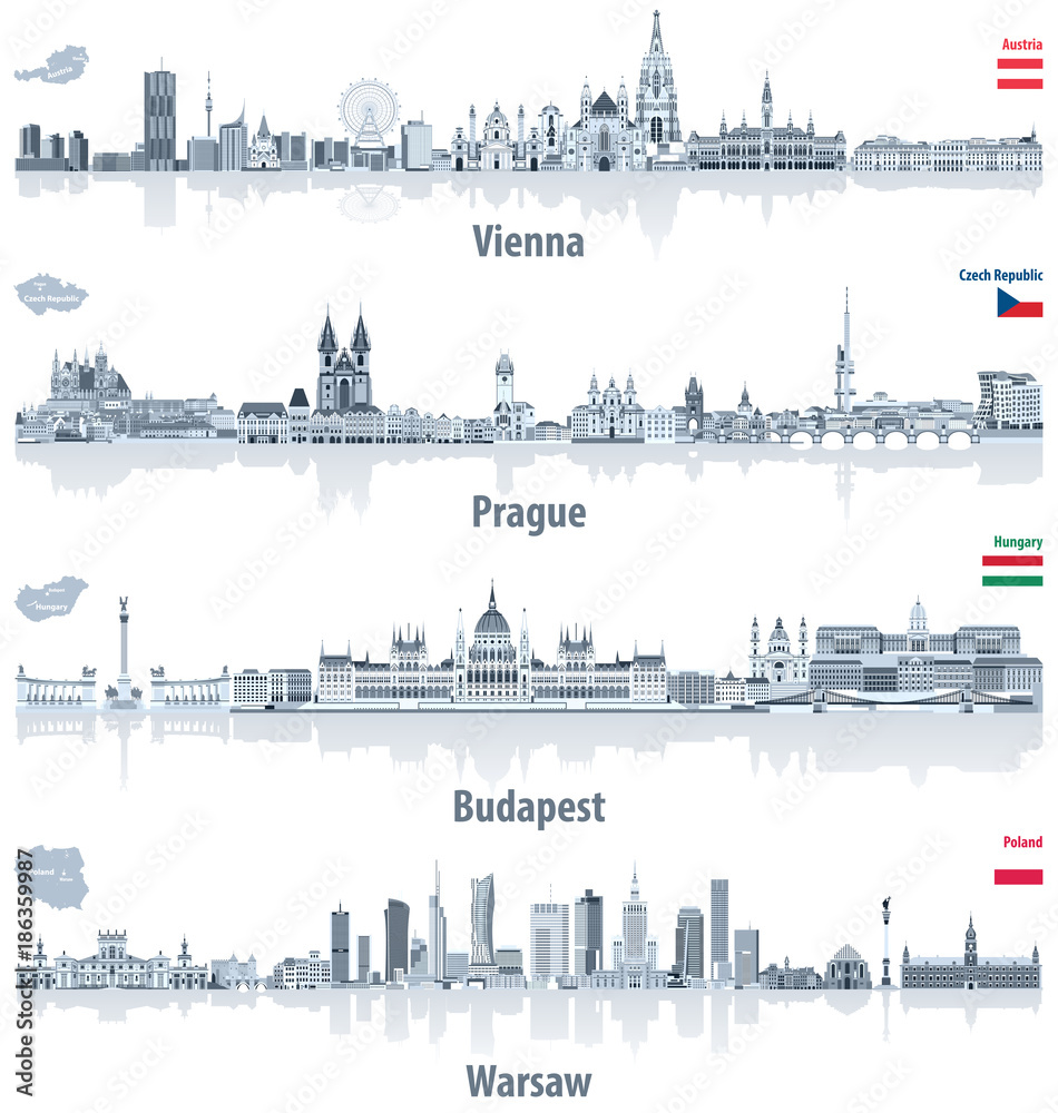 Naklejka premium wektor abstrakcyjne panoramy miasta Wiednia, Pragi, Budapesztu i Warszawy w jasnoniebieskiej palecie kolorów. Flagi i mapy Austrii, Czech, Węgier i Polski