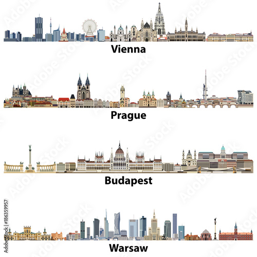 Vienna, Prague, Budapest, Warsaw cities skylines vector set